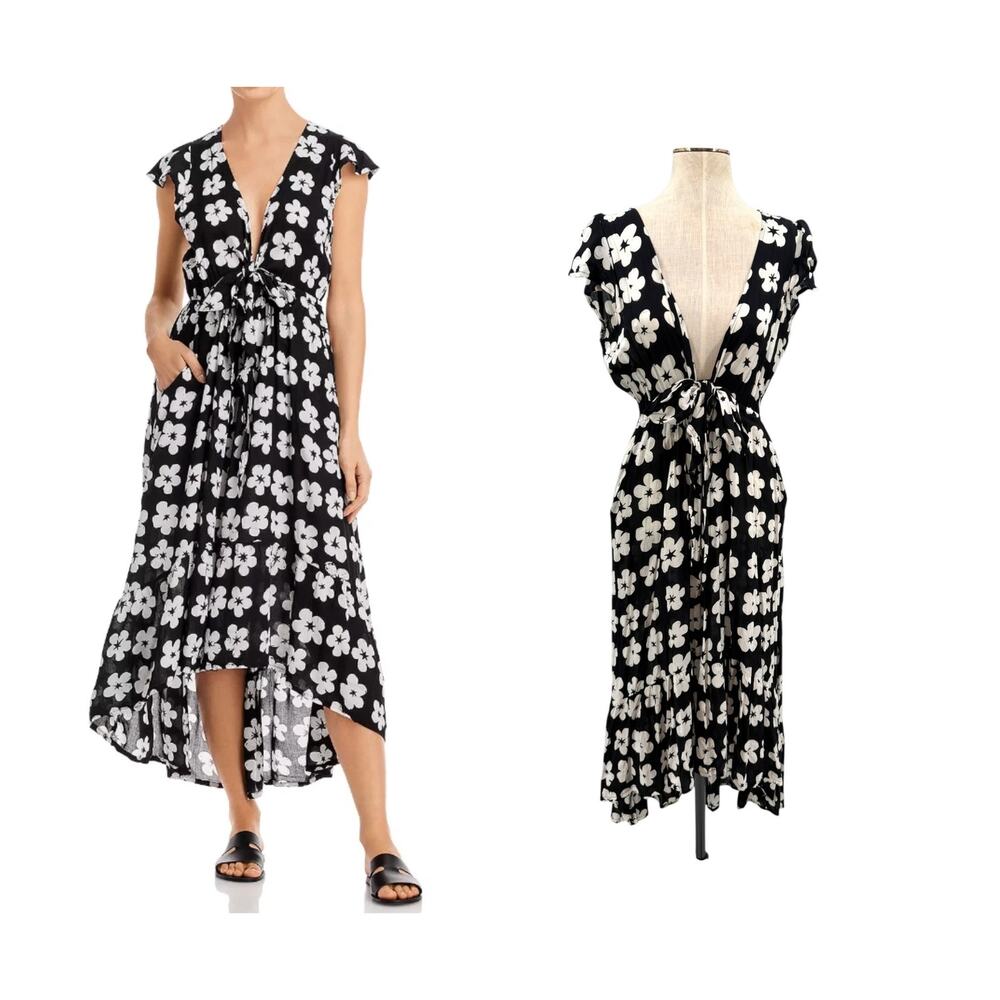 Tiare Hawaii Black White Floral Tie Front Boho Rayon Maxi Dress One Size